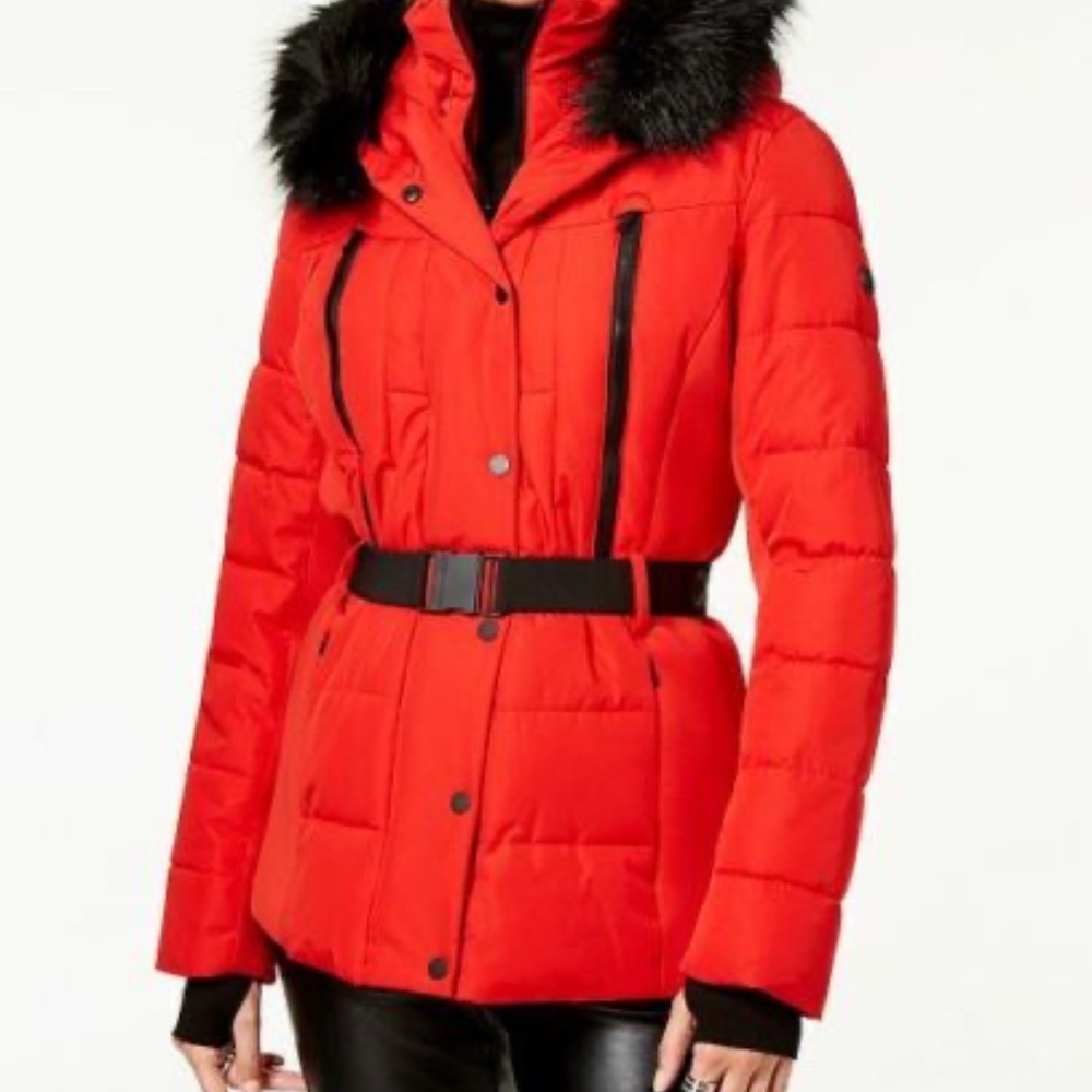 MICHAEL KORS Women's Red Puffer Jacket w/ Black Faux Fur Trim Hood & Belt Size S
